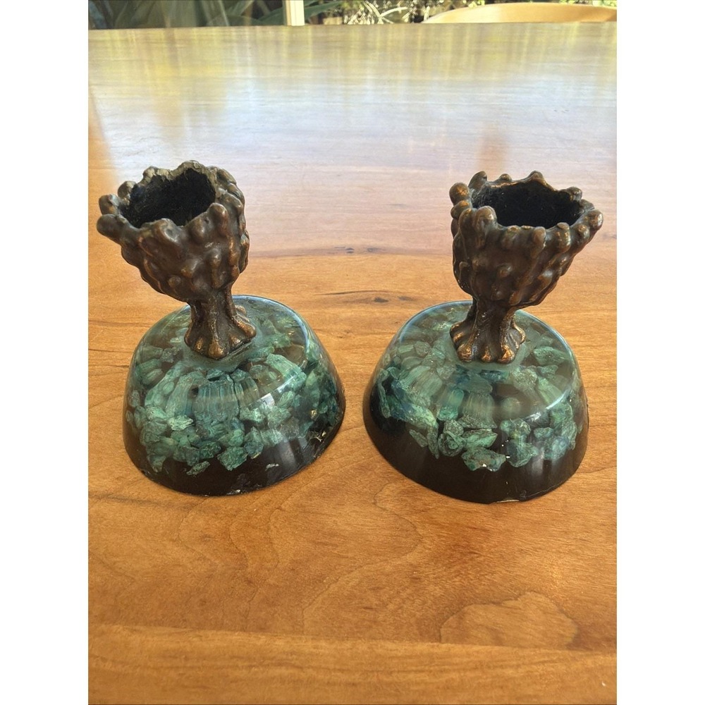 Vintage MCM Resin Malachite Chip Candlestick‎ Holders w Metal Candle Cups – Pair